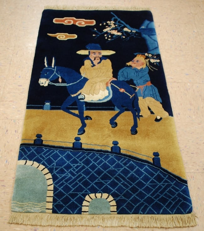 c1950s ANTIQUE PICTURAL CHINESE RUG OF MAN RIDING THE DONKY,SIZE OF 2'7" X 5'1" (1 of 17)
