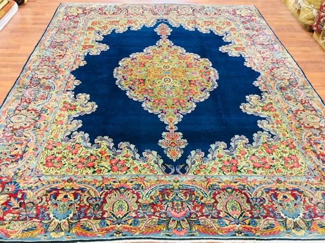 Antique Persian Ravar Kerman-1836: Title:Antique Persian Ravar Kerman-1836 Description:Beautiful antique Persian Ravar kerman from southwest Persia, size 8 ft by 10 ft, circa 1920, on blue field, excellent condition with a good pile th