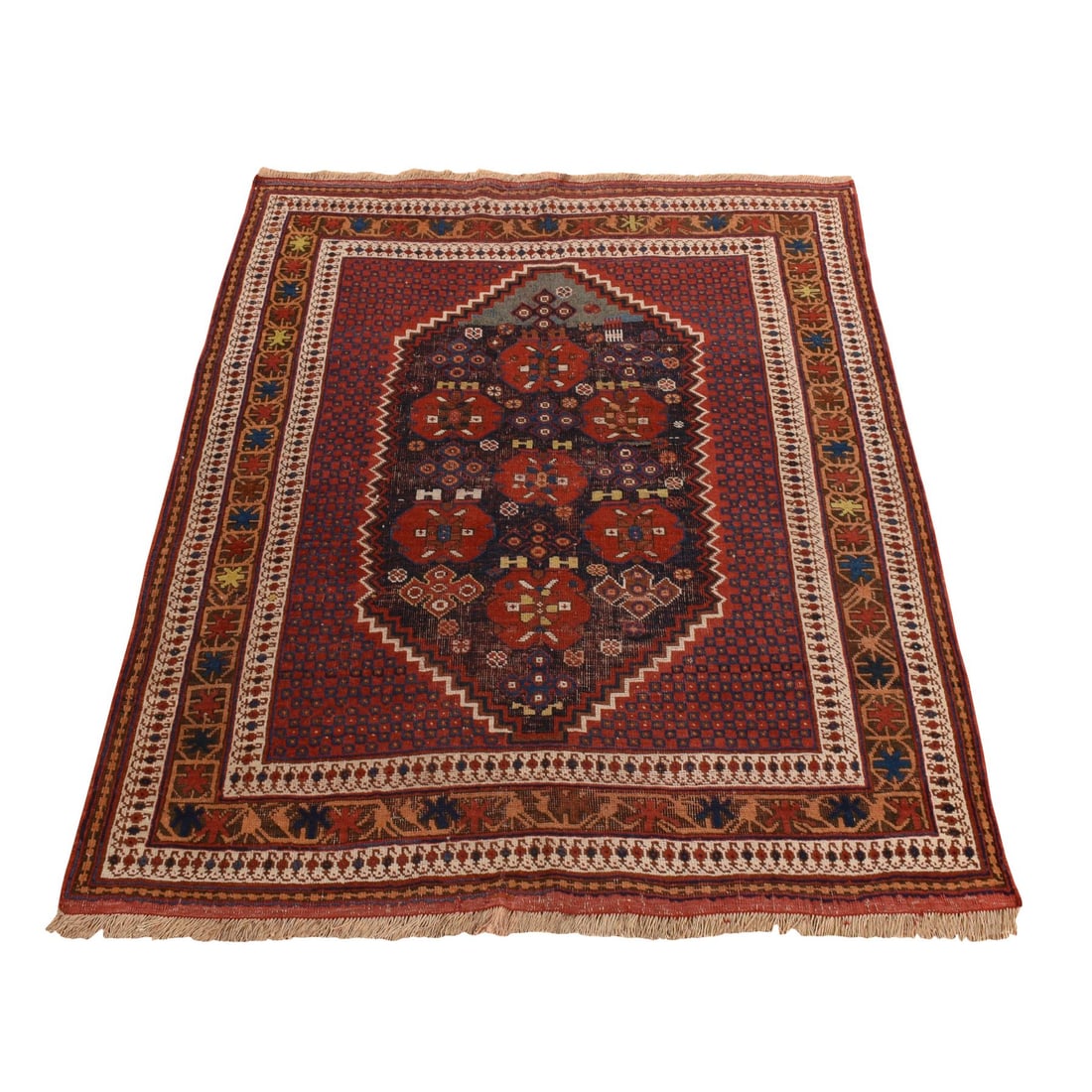 Blue with Red Antique Persian Afshar Wool Even Wear Hand Knotted Rug: Title: Blue with Red Antique Persian Afshar Wool Even Wear Hand Knotted Rug Description:This is a truly genuine one-of-a-kind. It has been Knotted for months and months in the centuries-old weaving cr