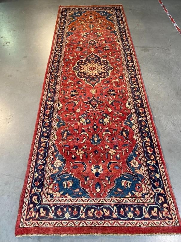 Stunning Vintage Sarouk Runner 3.6x11: Title:Stunning Vintage Sarouk Runner 3.6x11 Description:3'.6"X11' Authentic Persian Sarouk Antique Runner , in muted vintage colors multi Hand Knotted in Iran 100% Natural wool pile Reserve: $650.00 S