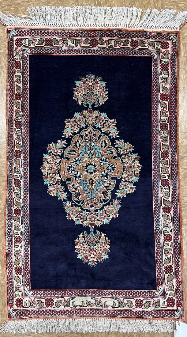 Hand-Knotted Persian Qum Semi-Antique 100% Silk Navy Ivory Rug 1'11" x 3'3": Title:Hand-Knotted Persian Qum Semi-Antique 100% Silk Navy Ivory Rug 1'11" x 3'3" Description:* Rug Number: 214 * Country of Origin: Iran * Style, Design: Persian, Qum, Floral, Medallion * Size (Ft): 
