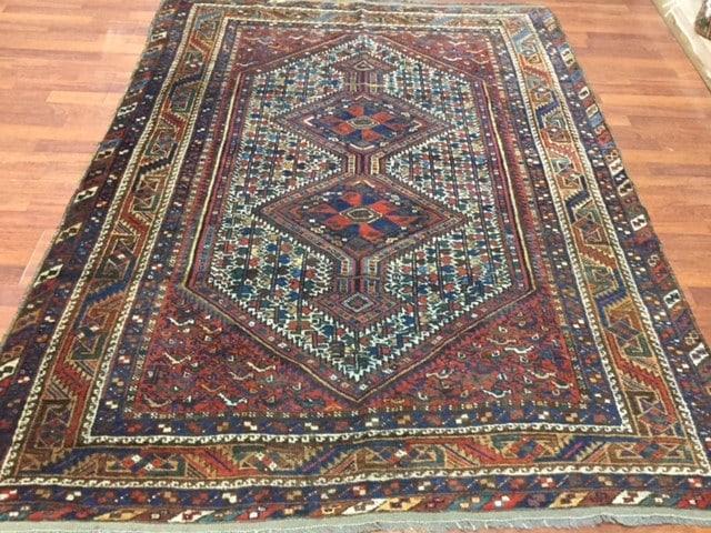 Antique Persian Khamseh/ Shiraz Rug-4510: Title:Antique Persian Khamseh/ Shiraz Rug-4510 Description:An antique Tribal Khameseh / Shiraz Rug, from southwest Persia, Fars District, size 5 ft. 2 inches by 7 ft, circa 1920, excellent condition w
