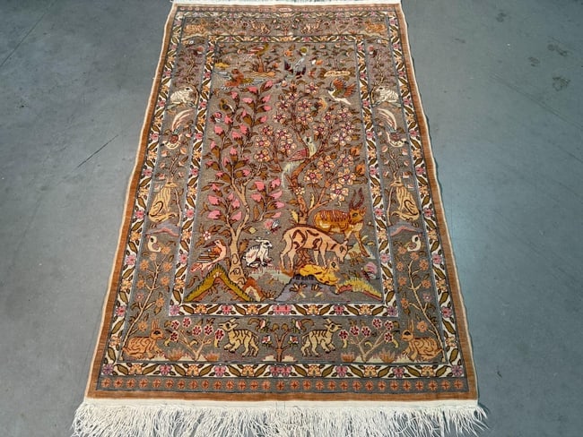 Vintage Silk & Gold Hereke Rug 2.1x3.4: Title:Vintage Silk & Gold Hereke Rug 2.1x3.4 Description:2'.1"x3'.4" Super quality Antique Turkish Hereke all Silk pile with Gold thread, Tree of life design , very rare and collector pc , it can also