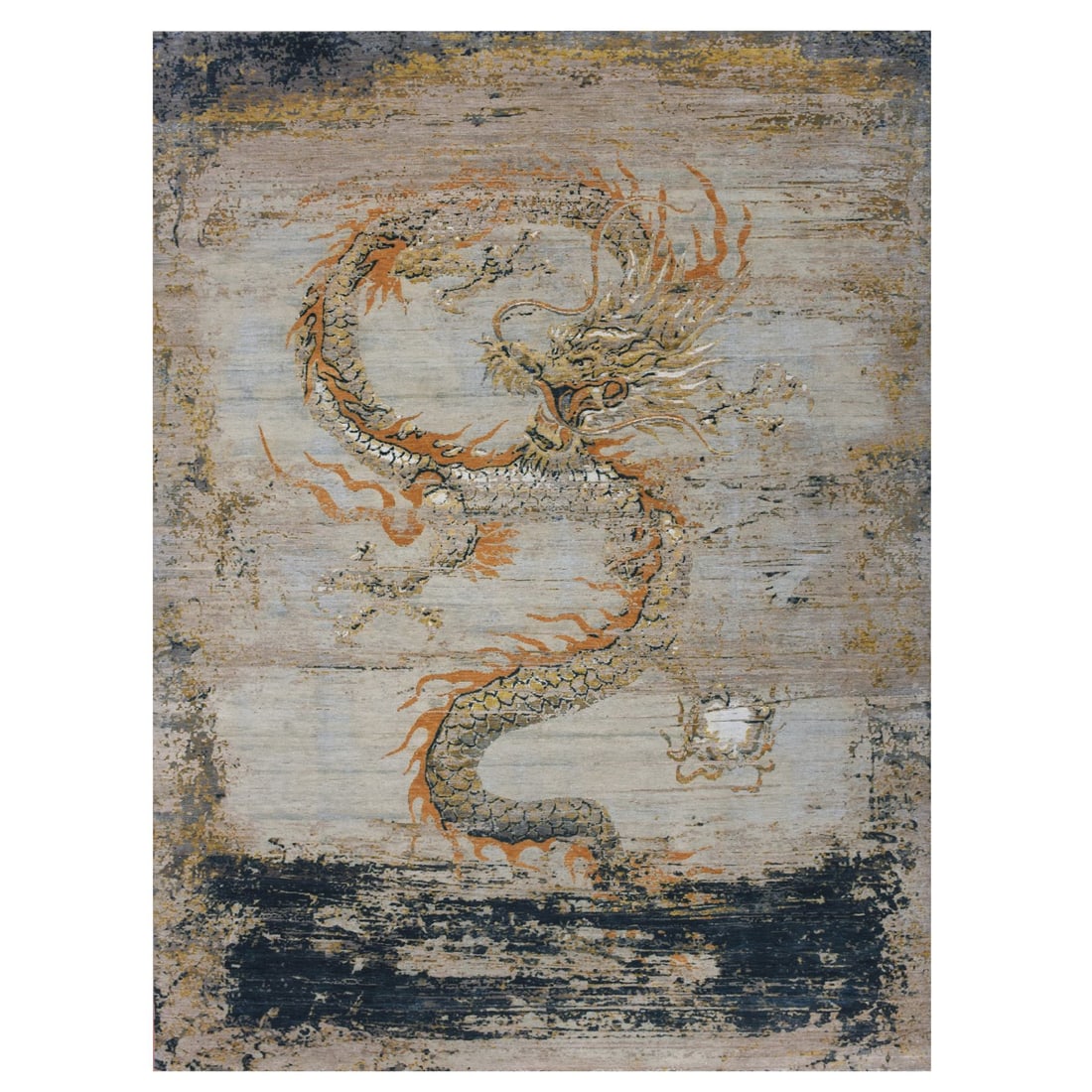 Parchment Beige with Honey Gold Antique Chinese Inspired Dragon Design: Title: Parchment Beige with Honey Gold Antique Chinese Inspired Dragon Design Description:This is a truly genuine one-of-a-kind. It has been Knotted for months and months in the centuries-old weaving 