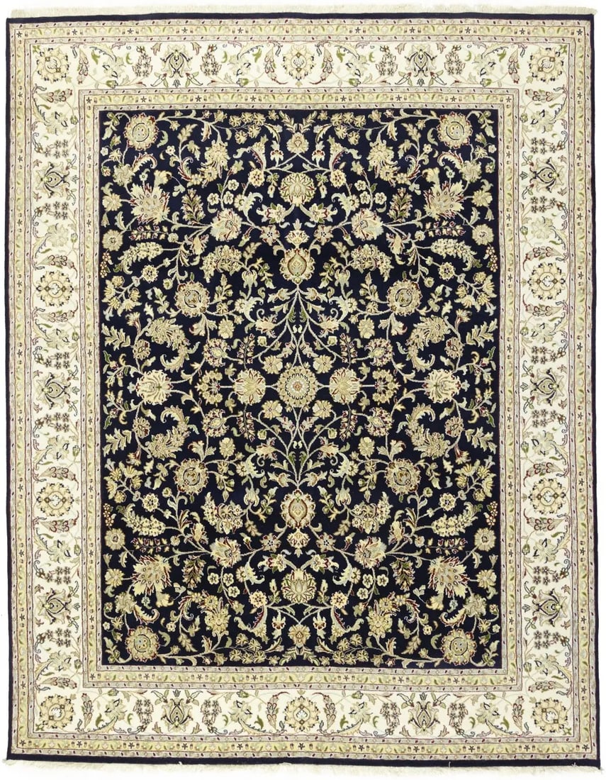 Dark Navy Floral 8X10 Indo-Nain Oriental Rug: Title:Dark Navy Floral 8X10 Indo-Nain Oriental Rug Description:Handmade 8X10 blue Oriental rug made with vegetable dyes (fine wool pile and cotton foundation), exceptional knot count, and appealing an