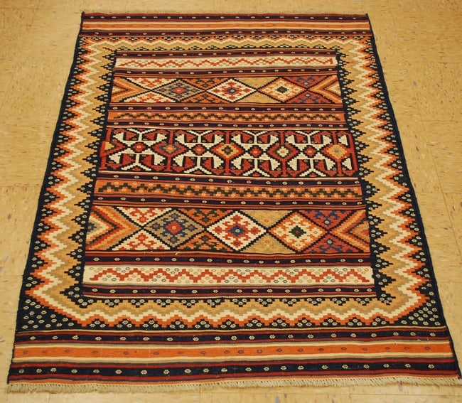 CAUCASIAN KILIM RUG 3'2" x 4'10": Title: CAUCASIAN KILIM RUG 3'2" x 4'10" Description:OLD,ANTIQUE EXCLUSIVE VEGETABLE DYE HIGHLY DETAILED WITH MANY SUBJECTS ULTRA RARE KILIM FLAT WEAVE RUG...........with exact size of 3'2" x 4'10" Hig
