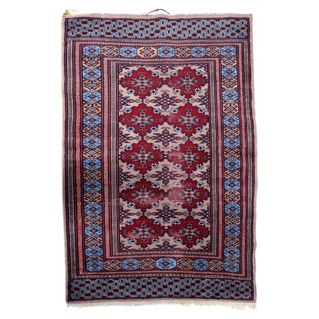 Antique Uzbek Bukhara Handmade Rug 3.1' x 4.1' (94cm x 125cm) 1920s: Title: Antique Uzbek Bukhara Handmade Rug 3.1' x 4.1' (94cm x 125cm) 1920s Origin: Uzbekistan Dimension:3.1' x 4.1' (94cm x 125cm) Materials:wool Year:1920s Description:A captivating antique Uzbek Buk