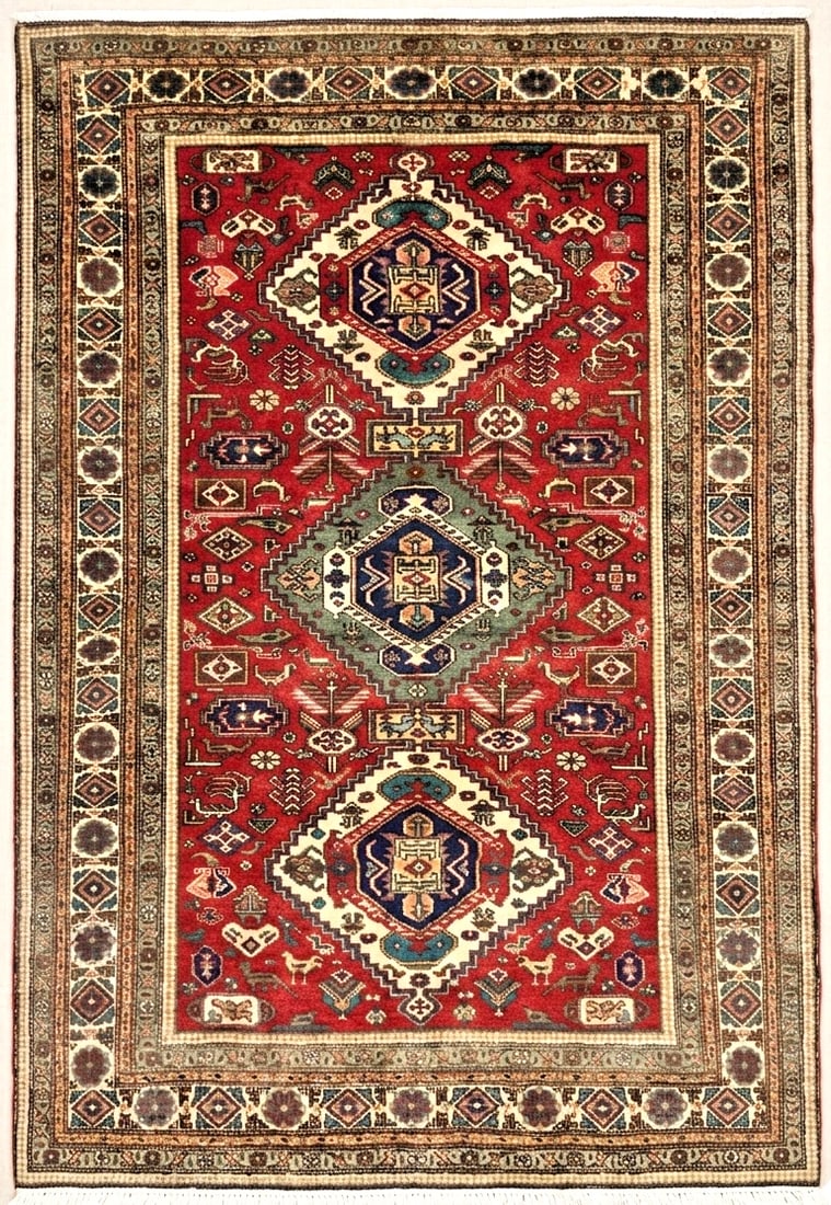 Hand Knotted Persian Wool Rug 4'8"x6'9" Red Tribal Oriental Azerbaijan (1 of 12)