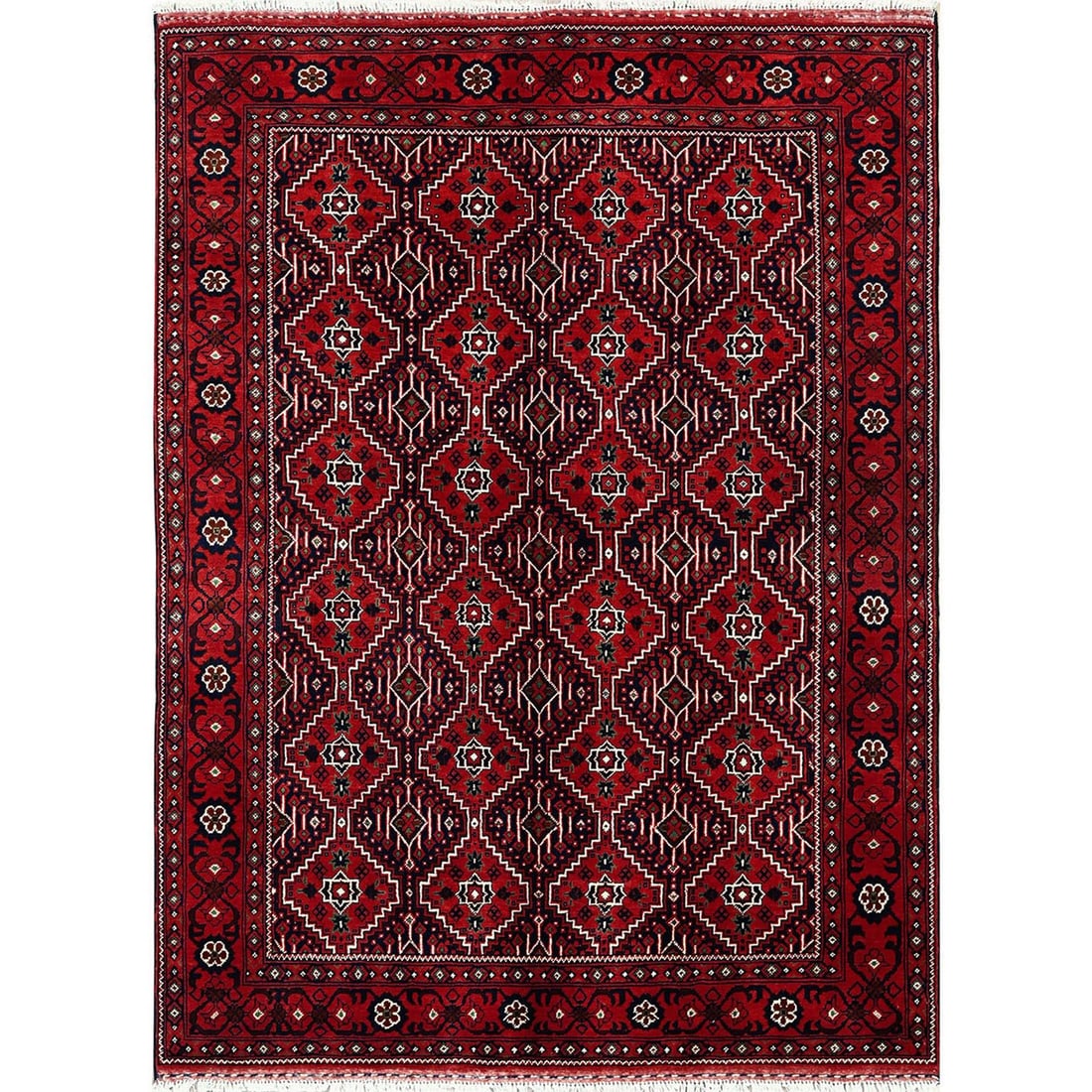 Red Afghan Khamyab Geometric Pattern Pure Wool Hand Knotted Rug: Title: Red Afghan Khamyab Geometric Pattern Pure Wool Hand Knotted Rug Description:This is a truly genuine one-of-a-kind. It has been Knotted for months and months in the centuries-old weaving