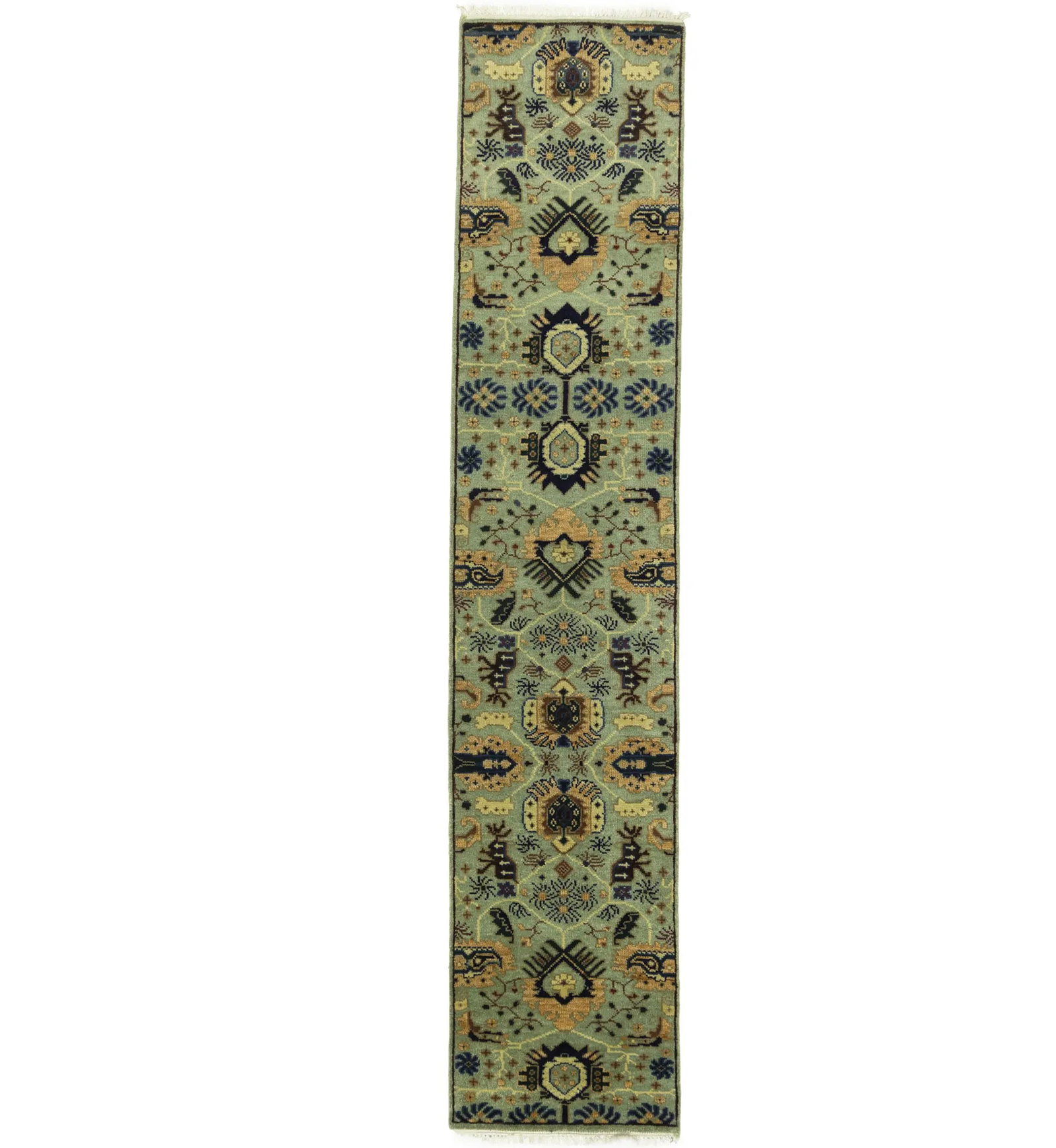 Light Gray Geometric 3X12 Indo-Karajeh Oriental Runner Rug: Title:Light Gray Geometric 3X12 Indo-Karajeh Oriental Runner Rug Description:Handmade 3X12 gray Oriental runner made with vegetable dyes (fine wool pile and cotton foundation), superior knot count, an