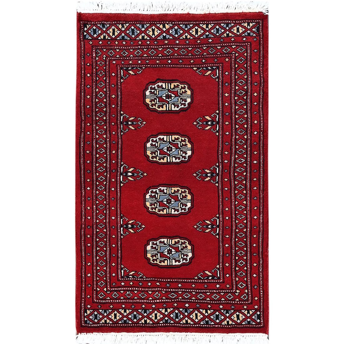 Red Princess Bokara with Geometric Medallions Hand Knotted Wool Rug: Title: Red Princess Bokara with Geometric Medallions Hand Knotted Wool Rug Description:This is a truly genuine one-of-a-kind. It has been Knotted for months and months in the centuries-old weaving cra