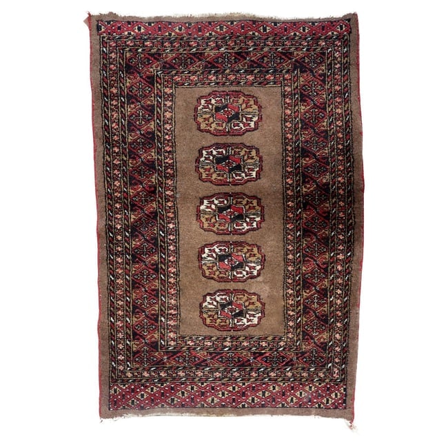 Antique Uzbek Bukhara Handmade Rug 2.7' x 4' (82cm x 122cm) 1920s: Title: Antique Uzbek Bukhara Handmade Rug 2.7' x 4' (82cm x 122cm) 1920s Origin: Uzbekistan Dimension:2.7' x 4' (82cm x 122cm) Materials:wool Year:1920 Description:An exquisite antique Uzbek Bukhara