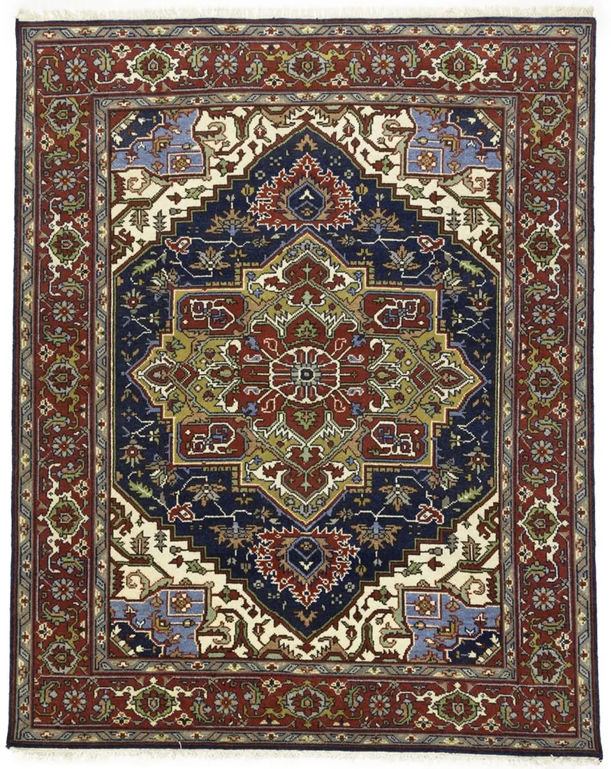 Dark Navy Geometric 8X10 Heriz Serapi Oriental Rug: Title:Dark Navy Geometric 8X10 Heriz Serapi Oriental Rug Description:Handmade 8X10 blue Oriental rug made with vegetable dyes (fine wool pile and cotton foundation), superior knot count, and appealing