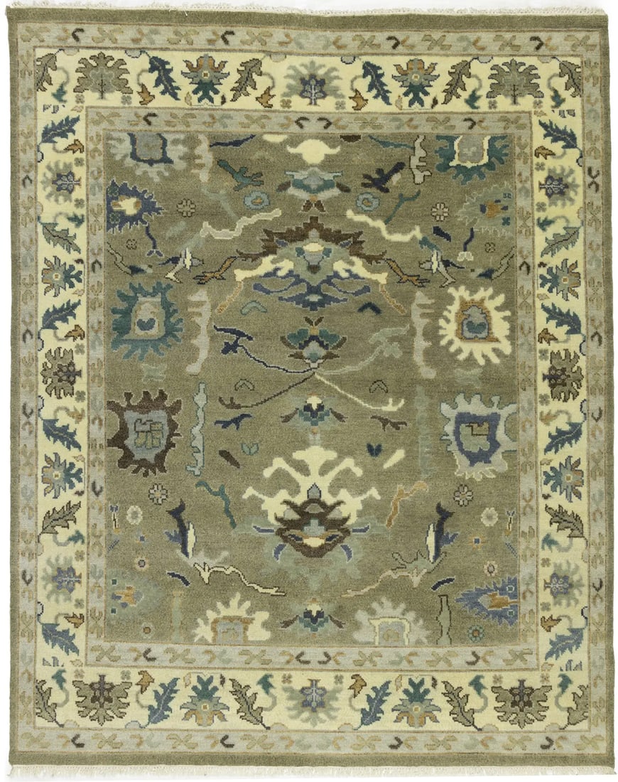 Khaki Floral 8X10 Oushak Chobi Oriental Rug: Title:Khaki Floral 8X10 Oushak Chobi Oriental Rug Description:Handmade 8X10 beige oriental rug made with vegetable dyes (fine wool pile and cotton foundation), superior knot count, and appealing ancie
