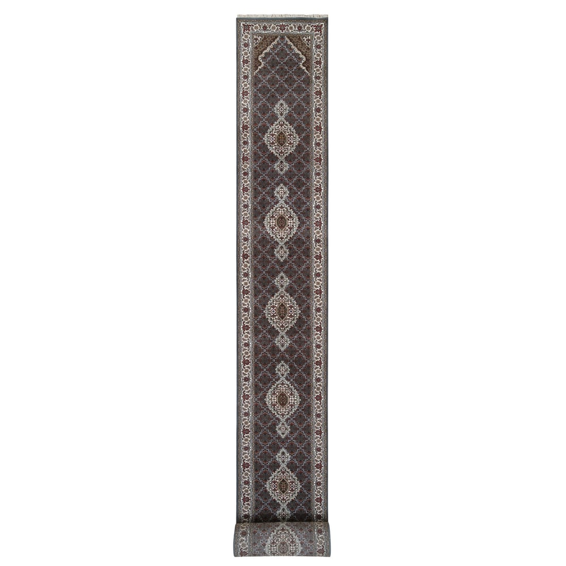 Gray, Tabriz Mahi, 175 KPSI Wool Hand Knotted XL Runner Rug: Title: Gray, Tabriz Mahi, 175 KPSI Wool Hand Knotted XL Runner Rug Description:This is a truly genuine one-of-a-kind. It has been Knotted for months and months in the centuries-old weaving craftsmansh