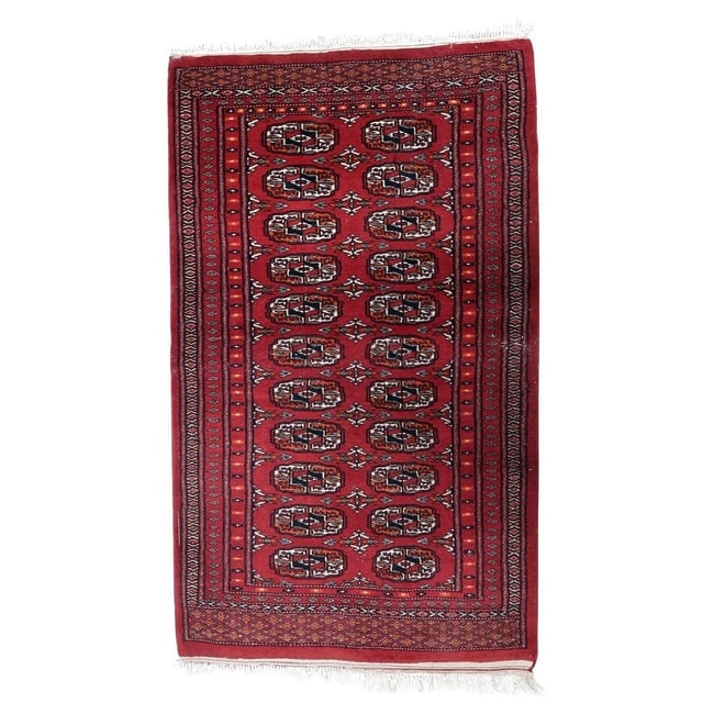 Handmade Vintage Uzbek Bukhara Rug 2.8' x 4.1' (86cm x 125cm), 1960s: Title: Handmade Vintage Uzbek Bukhara Rug 2.8' x 4.1' (86cm x 125cm), 1960s Origin: Uzbekistan Dimension:2.8' x 4.1' (86cm x 125cm) Materials:wool Year:1960s Description:Authentic Vintage Uzbek