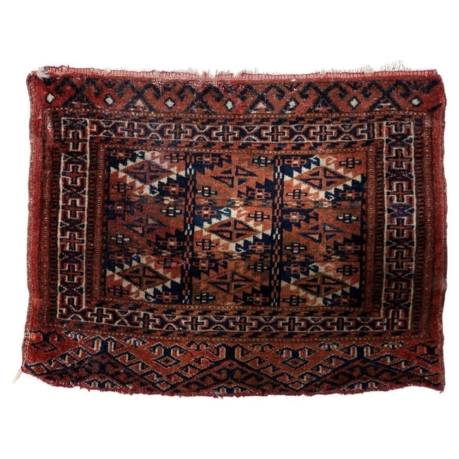 Handmade Antique Turkmen Yomud Collectible Mat Rug 1.3' x 1.6' (40cm x 51cm), 1900s: Title: Handmade Antique Turkmen Yomud Collectible Mat Rug 1.3' x 1.6' (40cm x 51cm), 1900s Origin: Turkmenistan Dimension:1.3' x 1.6' (40cm x 51cm) Materials:wool Year:1900s Description:A Rare Piece