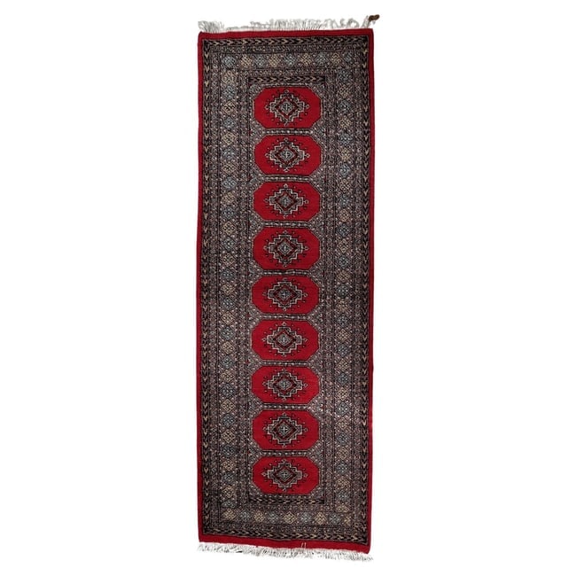 Mid-Century Vintage Uzbek Bukhara Style Wool Runner 2.8' x 7.9': Title: Mid-Century Vintage Uzbek Bukhara Style Wool Runner 2.8' x 7.9' Origin: Uzbekistan Dimension:2.8' x 7.9' Materials:wool Year:1950s Description:An exceptional Mid-Century Vintage Uzbek Bukhara
