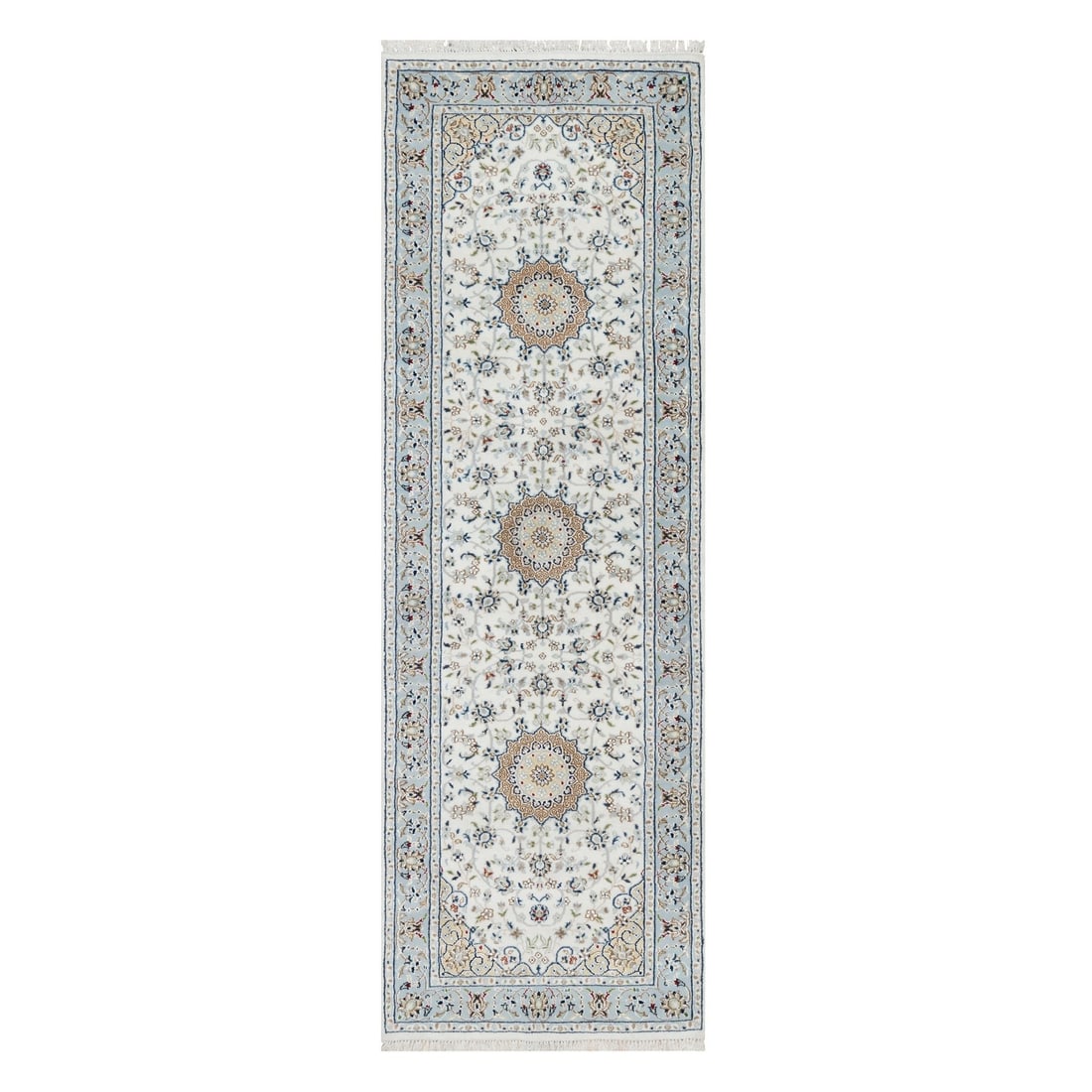 Stone White, Hand Knotted, 250 KPSI, Nain, Wool and Silk Runner Rug: Title: Stone White, Hand Knotted, 250 KPSI, Nain, Wool and Silk Runner Rug Description:This is a truly genuine one-of-a-kind. It has been Knotted for months and months in the centuries-old weaving cra