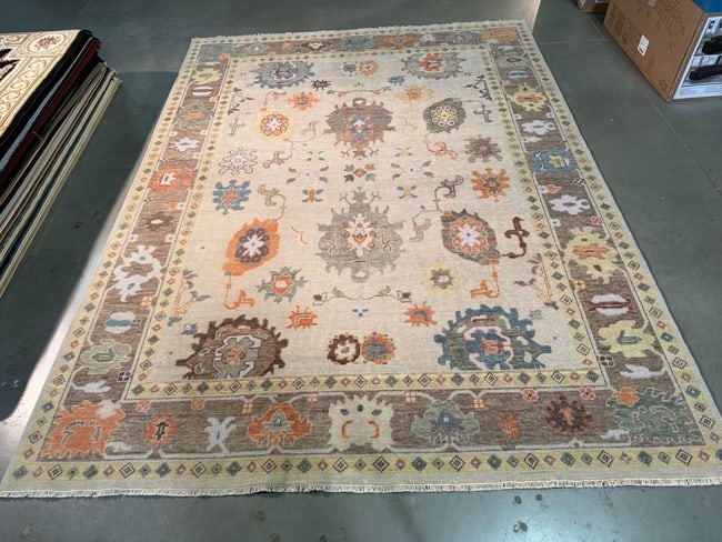 Fabulous Oushak Design Rug 9x12: Title:Fabulous Oushak Design Rug 9x12 Description:Decorative and colorful Oushak Design rug in Ivory, brown and multi accent muted colors Orange, green, light blue, gold, yellow, 100% wool Hand Knotte