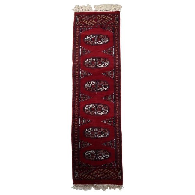 Handmade Vintage Uzbek Bukhara Rug 1' x 3.9' (32cm x 120cm), 1960s: Title: Handmade Vintage Uzbek Bukhara Rug 1' x 3.9' (32cm x 120cm), 1960s Origin: Uzbekistan Dimension:1' x 3.9' (32cm x 120cm) Materials:wool Year:1960s Description:Introducing our Handmade Vintage