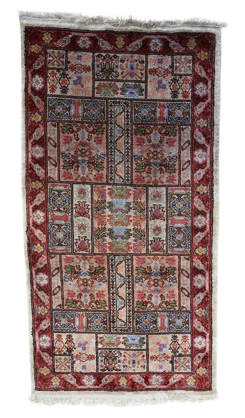Handmade Vintage Tunisian Silk Rug 1.6' x 3.7' (51cm x 97cm), 1970s: Title: Handmade Vintage Tunisian Silk Rug 1.6' x 3.7' (51cm x 97cm), 1970s Origin: Tunisia Dimension:1.6' x 3.7' (51cm x 97cm) Materials:silk Year:1970s Description:Handmade Vintage Tunisian Silk Rug 