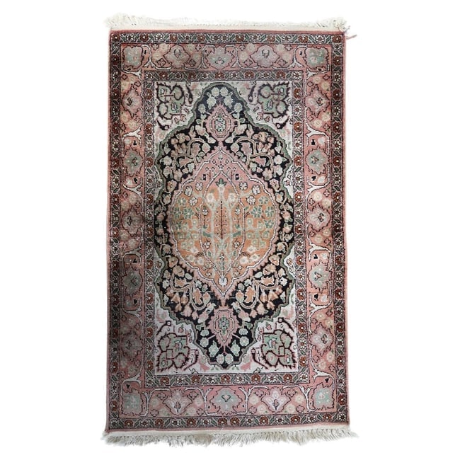Handmade Vintage Persian Tabriz Silk Rug 2.5' x 4.3' 1950s: Title: Handmade Vintage Persian Tabriz Silk Rug 2.5' x 4.3' 1950s Origin: Middle East Dimension:2.5' x 4.3' Materials:silk Year:1950s Description:This handmade vintage Persian Tabriz silk rug,