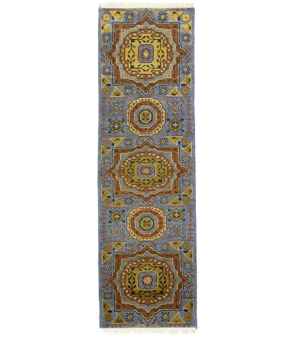 Blue Floral 2'7X10'3 Heriz Serapi Oriental Runner Rug: Title:Blue Floral 2'7X10'3 Heriz Serapi Oriental Runner Rug Description:Handmade 2'7X10'3 blue Oriental runner made with vegetable dyes (fine wool pile and cotton foundation), superior knot count,