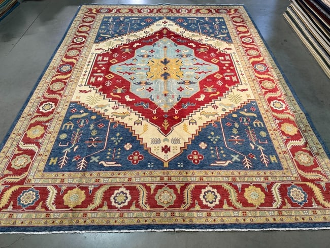 Fine Kazak Rug 9x11.7: Title:Fine Kazak Rug 9x11.7 Description:Fine Medallion Zighler Rug, hand spun and hand knotted rug in Pakistan 100% Vegge Dye natural wool with beautiful High Sheen Pile , in Blue, red, Ivoryb , and m