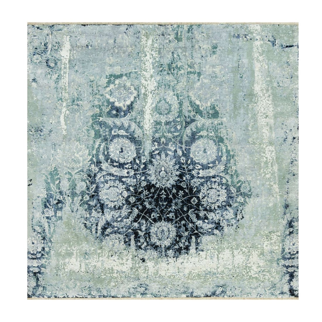 Tiffeny Blue, Hand Knotted Broken and Erased, Persian Tabriz Design: Title: Tiffeny Blue, Hand Knotted Broken and Erased, Persian Tabriz Design Description:This is a truly genuine one-of-a-kind. It has been Knotted for months and months in the centuries-old weaving cra