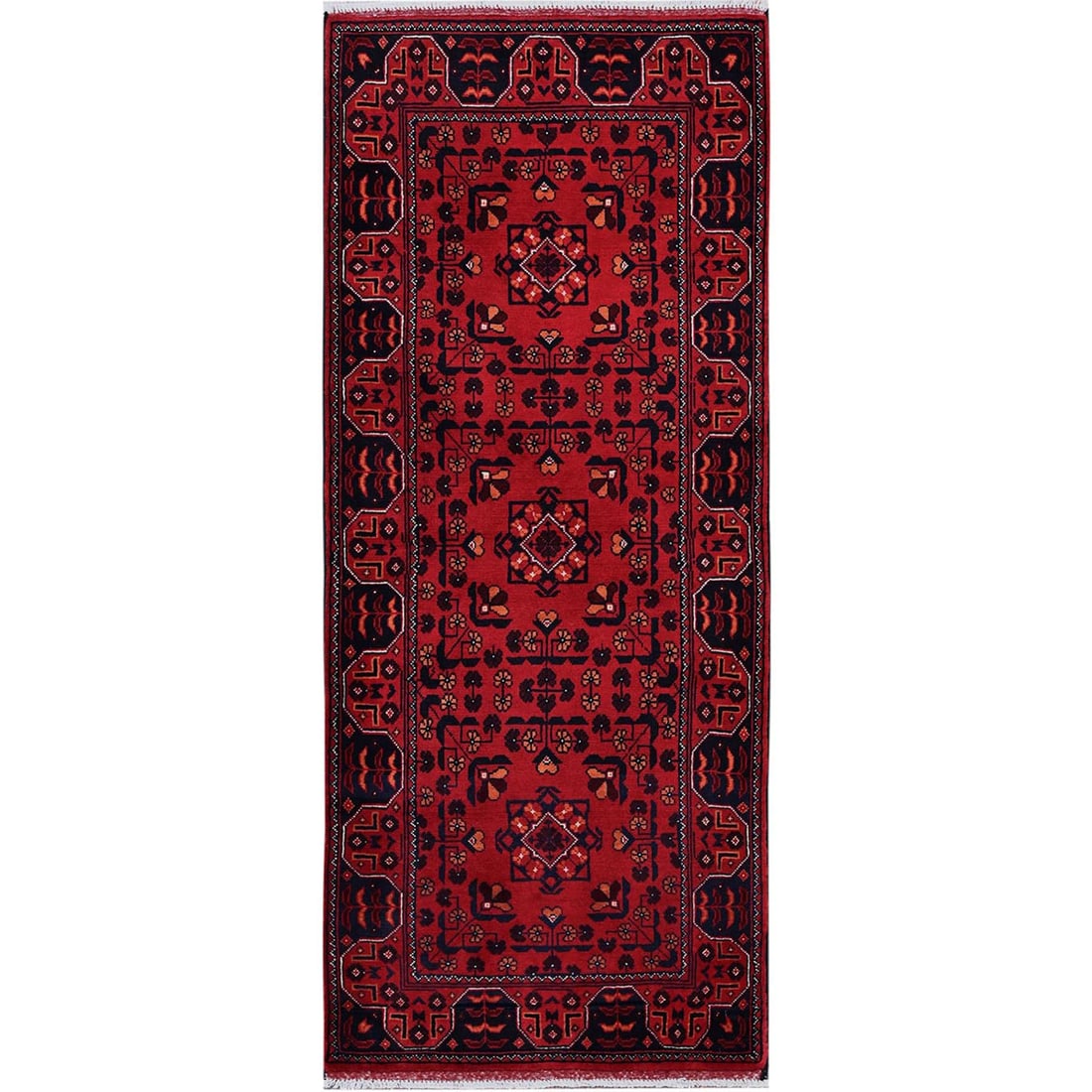 Red Afghan Khamyab Geometric Pattern Hand Knotted Soft Wool Runner Rug: Title: Red Afghan Khamyab Geometric Pattern Hand Knotted Soft Wool Runner Rug Description:This is a truly genuine one-of-a-kind. It has been Knotted for months and months in the centuries-old weaving 