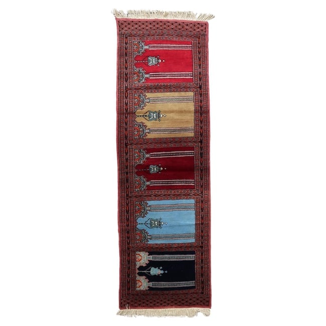 Vintage Uzbek Bukhara Multi-Niche Prayer Runner 1.1' x 6.1' - 1960s (1 of 13)