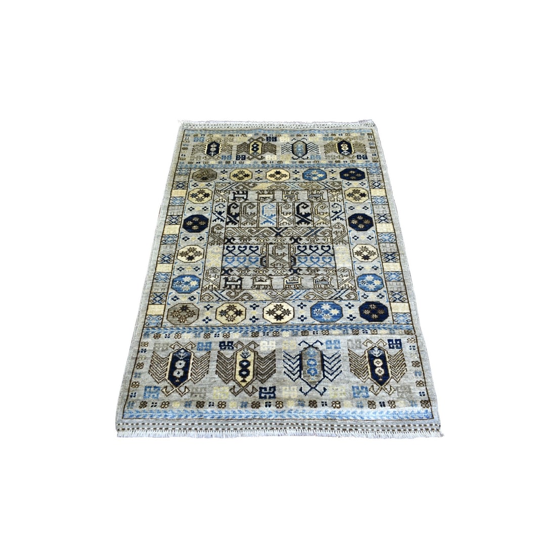 Gray Hand Knotted Natural Dyes Afghan Ersari Wool Hand Knotted Rug: Title: Gray Hand Knotted Natural Dyes Afghan Ersari Wool Hand Knotted Rug Description:This is a truly genuine one-of-a-kind. It has been Knotted for months and months in the centuries-old weaving