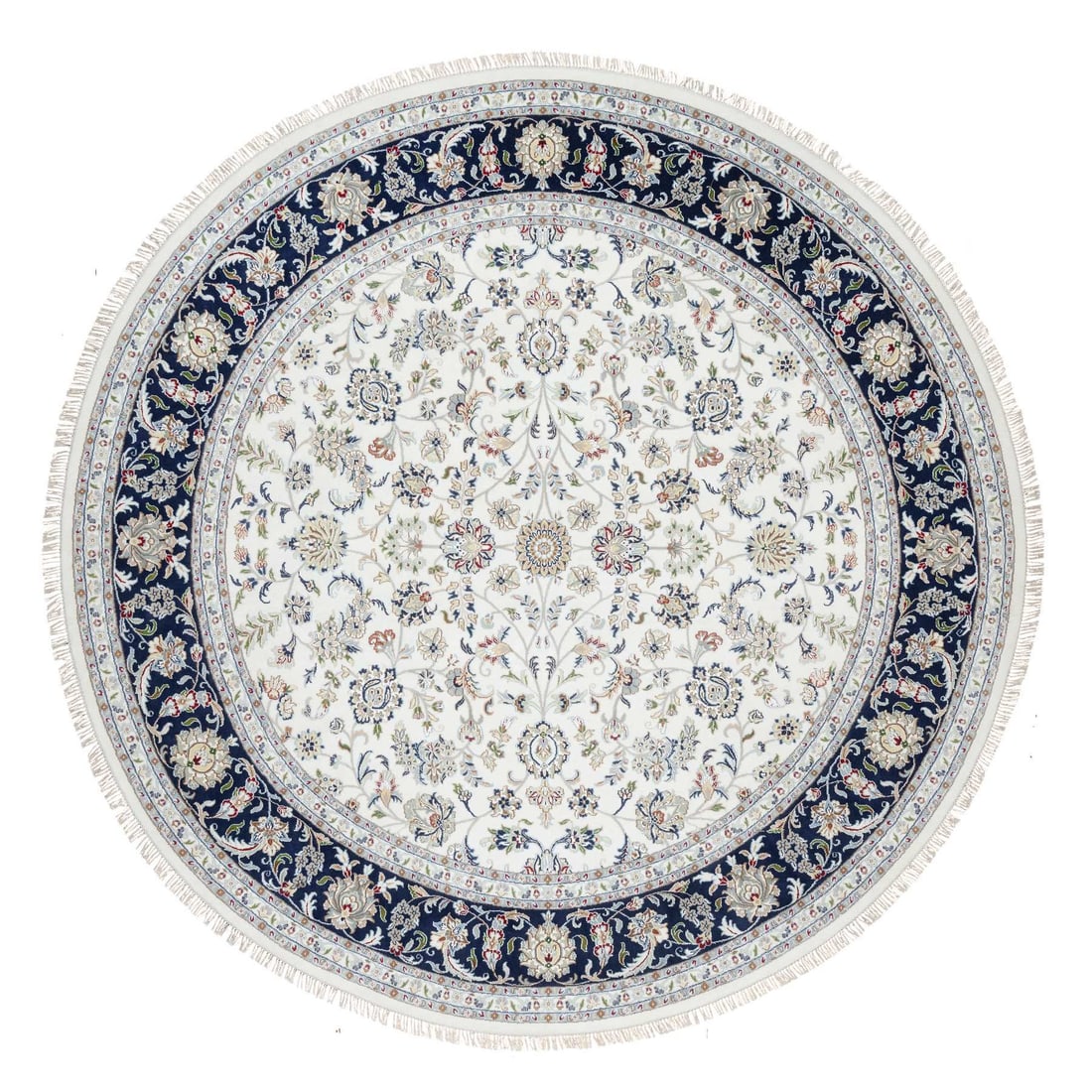 White, Hand Knotted, Wool and Silk, Nain Design, 250 KPSI Round Rug: Title: White, Hand Knotted, Wool and Silk, Nain Design, 250 KPSI Round Rug Description:This is a truly genuine one-of-a-kind. It has been Knotted for months and months in the centuries-old weaving cra
