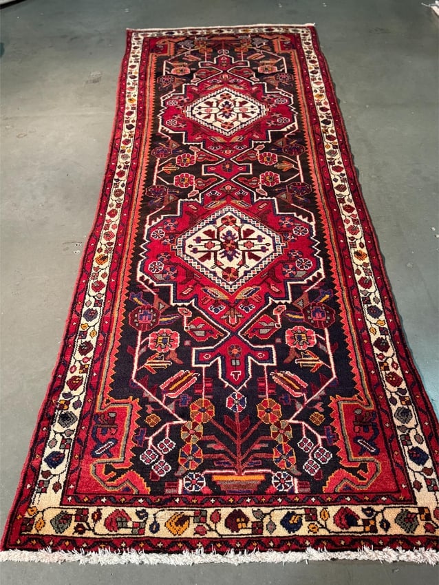 Fabulous Persian Hamedan 3.5x11: Title:Fabulous Persian Hamedan 3.5x11 Description:3'.5"x10'.11" Magnificent. Fine Persian Hamedan wool runner, in red, and multi other accent colors, vege dye natural wool ,cotton foundation,hand knot