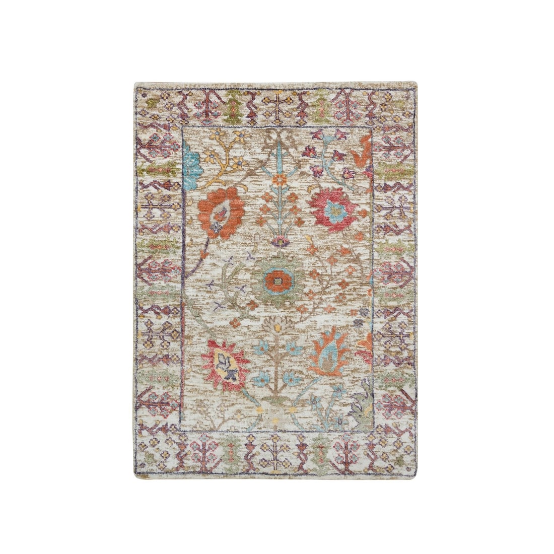 Taupe, Directional Vase Design, Silk/Wool, Hand Knotted Mat Rug: Title: Taupe, Directional Vase Design, Silk/Wool, Hand Knotted Mat Rug Description:This is a truly genuine one-of-a-kind. It has been Knotted for months and months in the centuries-old weaving craftsm