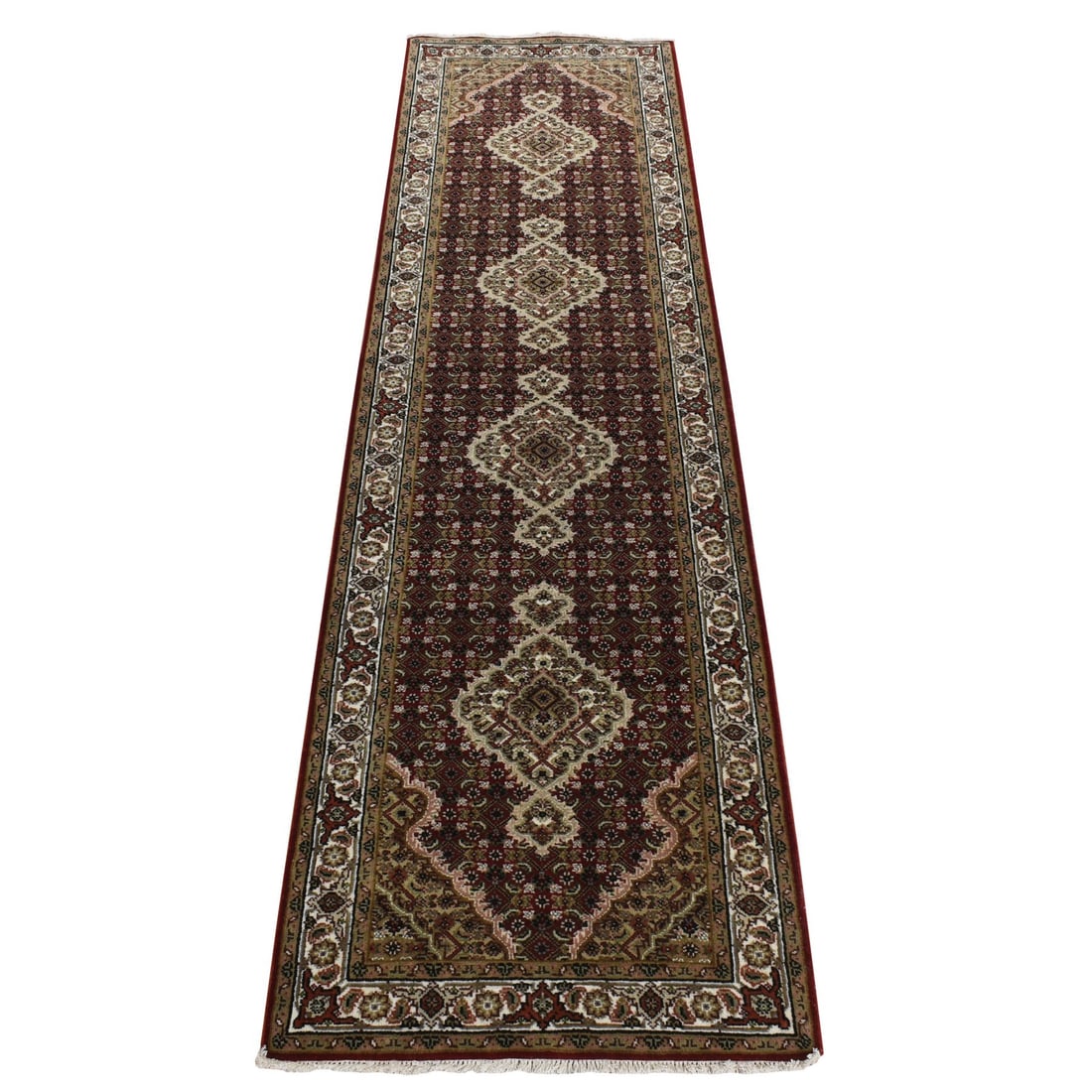 Chocolate Cosmos Red, Tabriz Mahi, Hand Knotted 100% Wool Runner Rug: Title: Chocolate Cosmos Red, Tabriz Mahi, Hand Knotted 100% Wool Runner Rug Description:This is a truly genuine one-of-a-kind. It has been Knotted for months and months in the centuries-old weaving cr