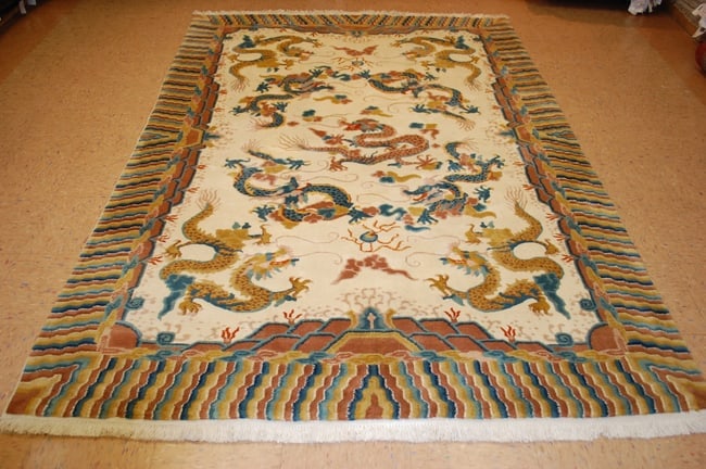 CHINESE NICHOLSRUG 5'10" x 8'10": Title: CHINESE NICHOLSRUG 5'10" x 8'10" Description:ANTIQUE ESTATE TREASURE ART DECO WALTER NICHOSIGN over GREAT HAPPY COLOR background ..........Age Condition is Perfect as shown in photos..........T