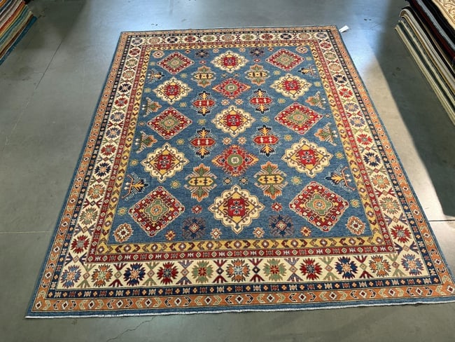 Exquisite Fine Kazak Rug 8.1x10.1: Title:Exquisite Fine Kazak Rug 8.1x10.1 Description:8'.1 x10'.1" Fine Kazak Rug, hand spun and hand knotted rug in Pakistan 100% Vegge Dye natural wool with beautiful High Sheen Pile , in Royal Blue, 