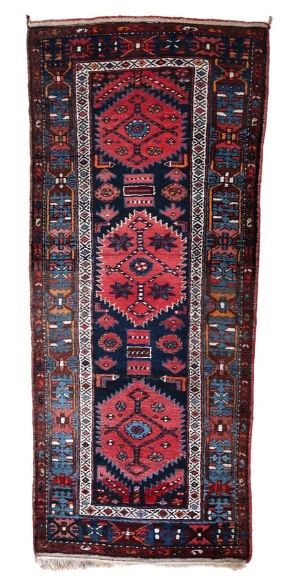 Handmade Antique Persian Hamadan Runner 3.4' x 7.7 (106cm x 237cm), 1920s: Title: Handmade Antique Persian Hamadan Runner 3.4' x 7.7 (106cm x 237cm), 1920s Origin: Middle East Dimension:3.4' x 7.7 (106cm x 237cm) Materials:wool Year:1920s Description:Introducing our exquisit