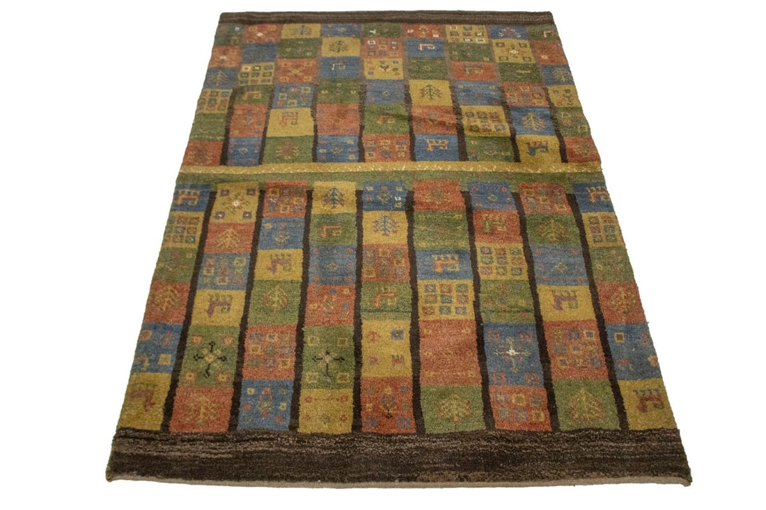Brown & Olive Checkered 4X5 Gabbeh Persian Rug - 13