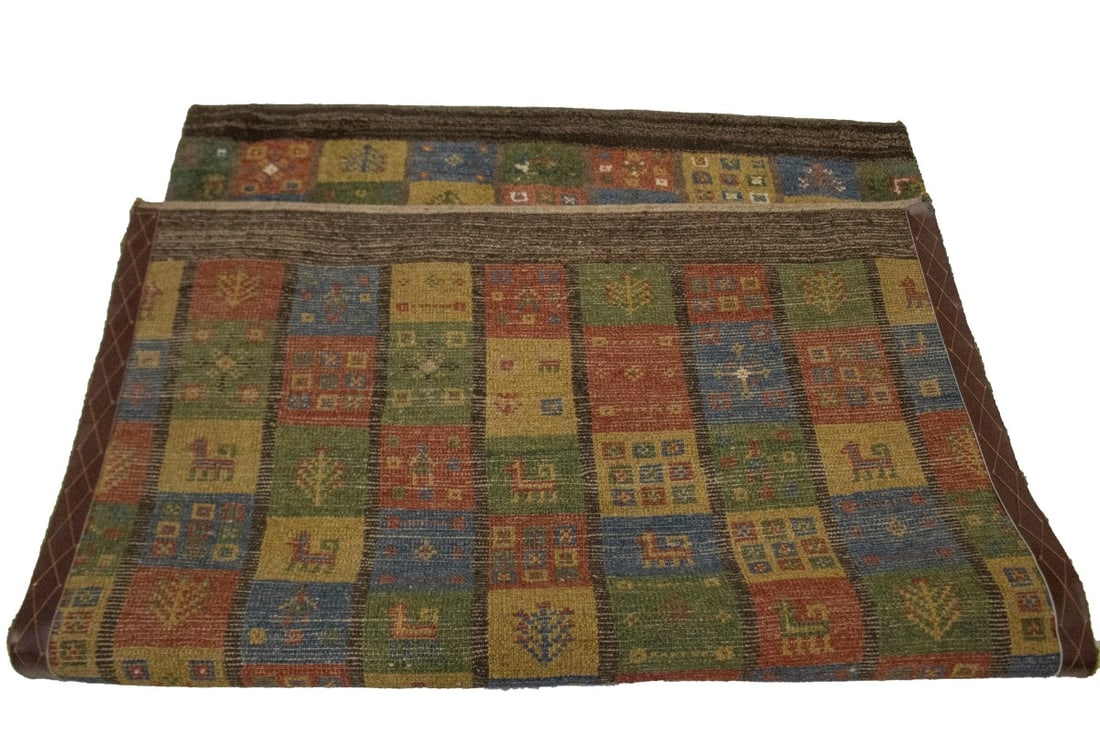 Brown & Olive Checkered 4X5 Gabbeh Persian Rug - 14