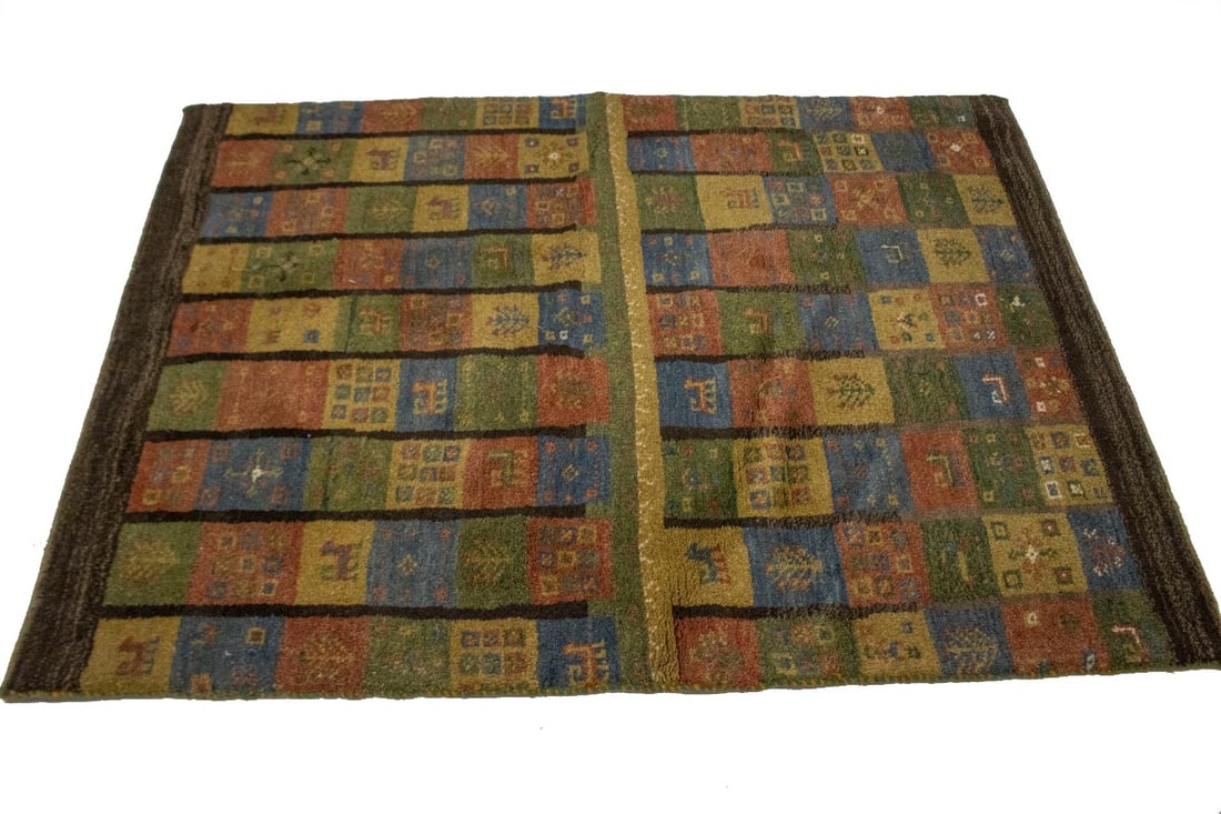 Brown & Olive Checkered 4X5 Gabbeh Persian Rug - 5