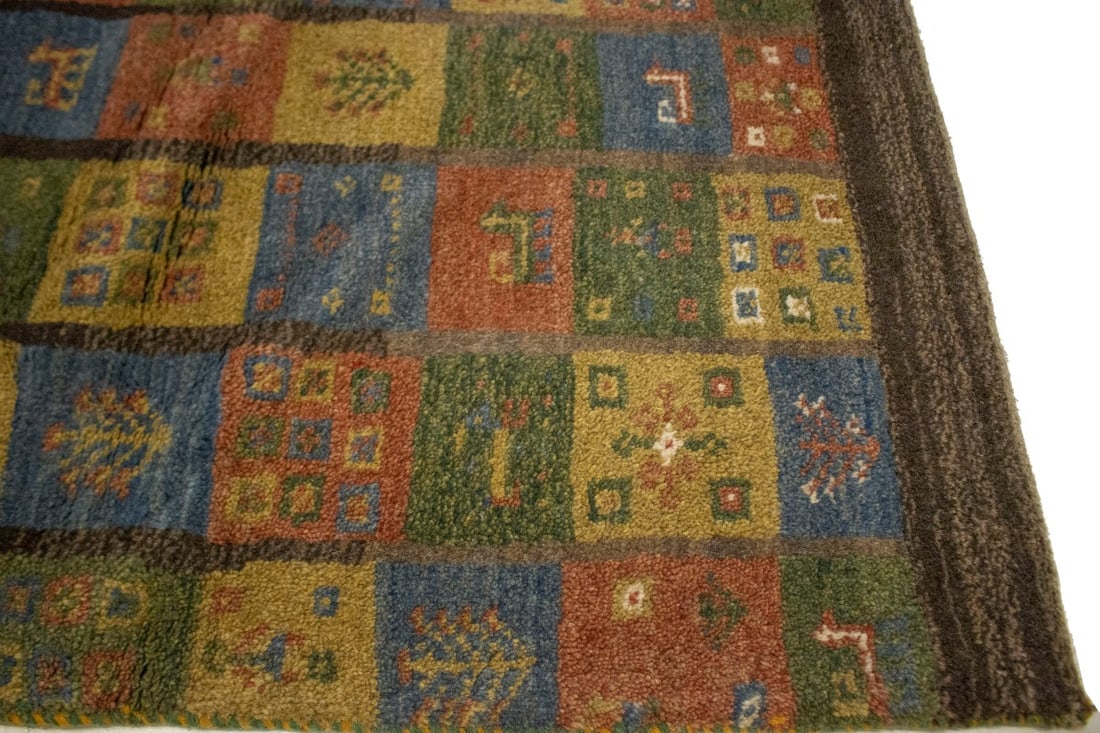 Brown & Olive Checkered 4X5 Gabbeh Persian Rug - 8