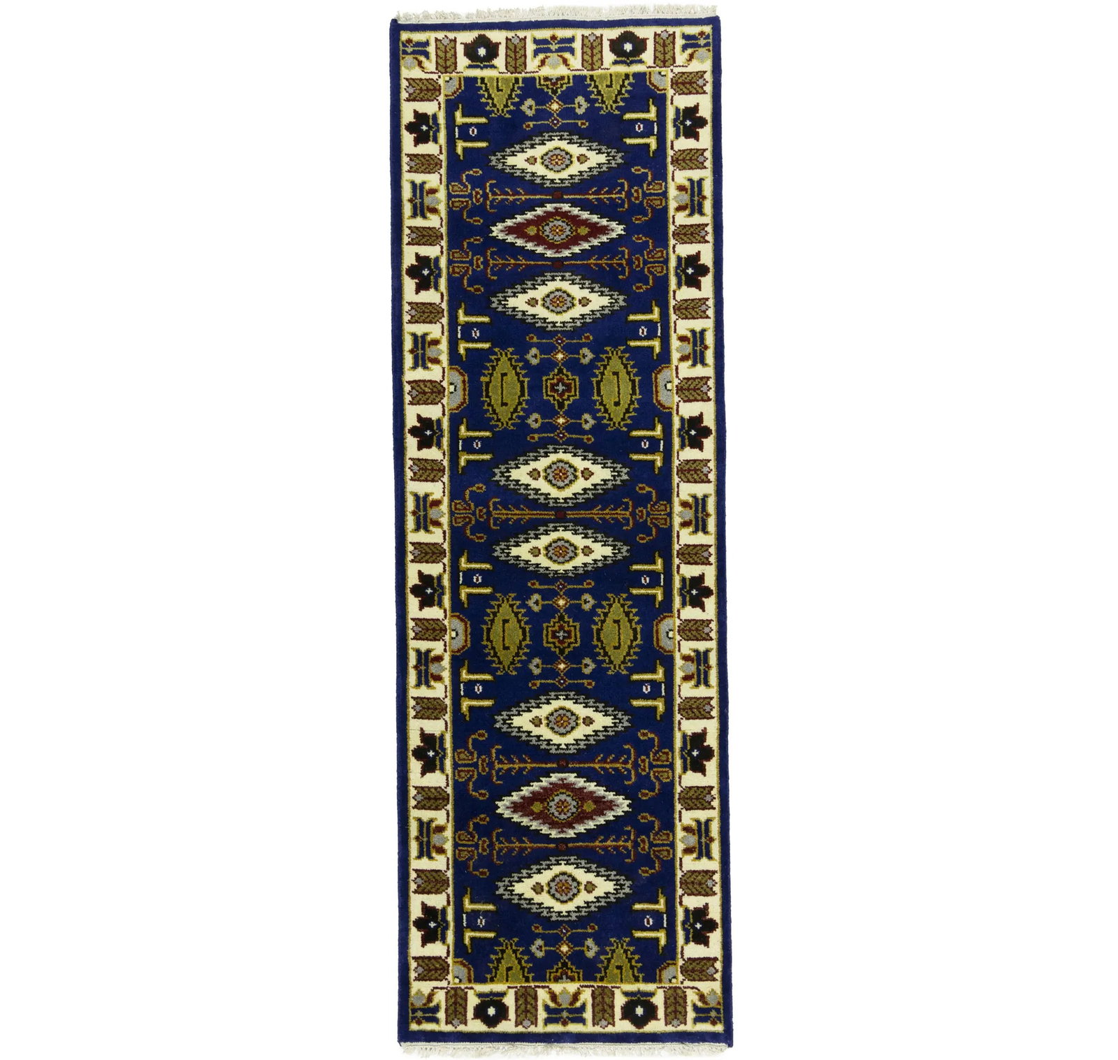 Navy Blue Geometric 3X8 Kazak Oriental Runner Rug: Title:Navy Blue Geometric 3X8 Kazak Oriental Runner Rug Description:Handmade 3X8 blue oriental runner made with vegetable dyes (fine wool pile and cotton foundation), superior knot count, and appealin