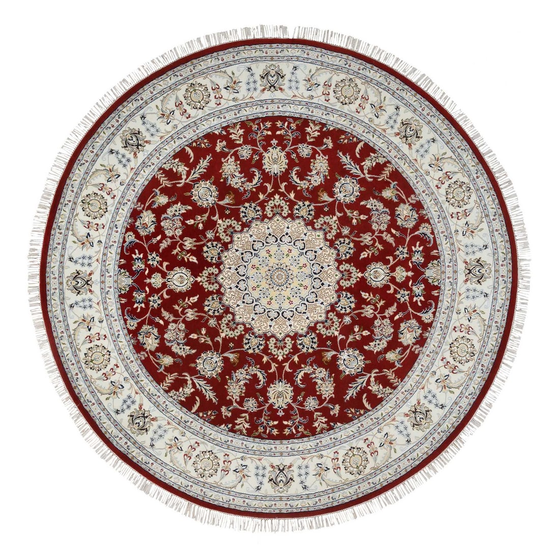 Cherry Red, Wool Hand Knotted, Nain Flower Design 250 KPSI Round Rug: Title: Cherry Red, Wool Hand Knotted, Nain Flower Design 250 KPSI Round Rug Description:This is a truly genuine one-of-a-kind. It has been Knotted for months and months in the centuries-old weaving cr