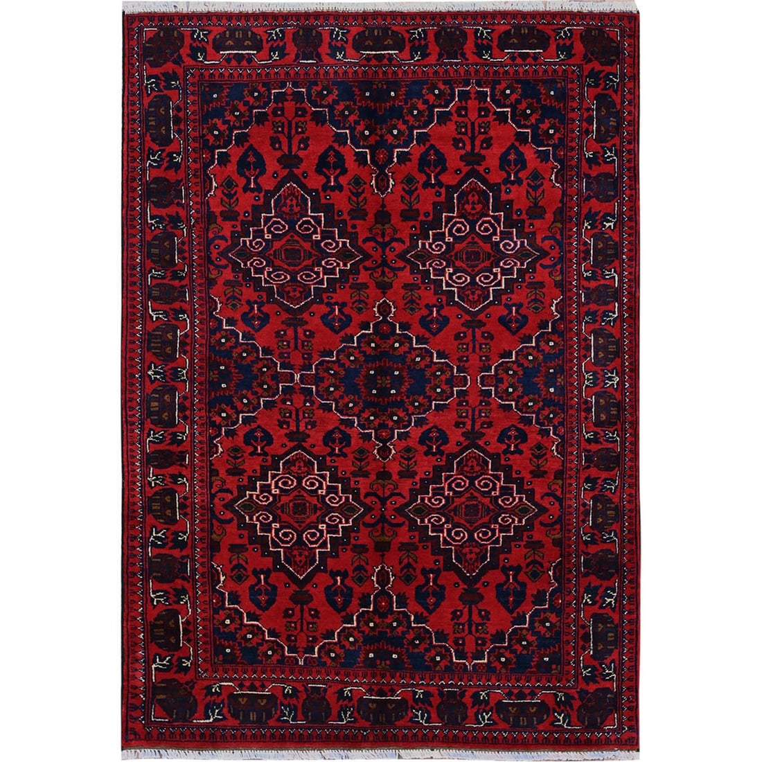 Crimson Red Afghan Khamyab with Geometric Design Hand Knotted Wool Rug: Title: Crimson Red Afghan Khamyab with Geometric Design Hand Knotted Wool Rug Description:This is a truly genuine one-of-a-kind. It has been Knotted for months and months in the centuries-old weaving 