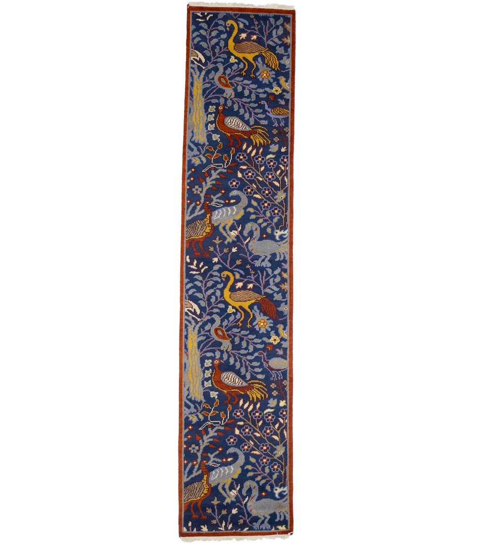 Blue Pictorial 3X12 Oriental Runner Rug: Title:Blue Pictorial 3X12 Oriental Runner Rug Description:Handmade 3X12 blue oriental runner made with vegetable dyes (fine wool pile and cotton foundation), exceptional knot count, and appealing anci