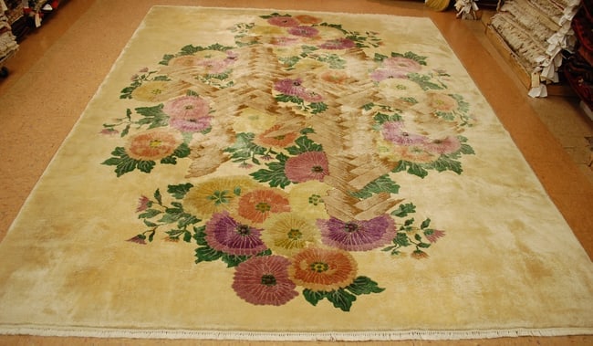 CHINESE NICHOLS RUG 8'10 x 11'9": Title:CHINESE NICHOLS RUG 8'10 x 11'9" Description:ANTIQUE ESTATE TREASURE ART DECO WALTER NICHOLS CHINESE RUG Circa 1950's with exact size of 8'10 x 11'9" ....very rare design Chinese geometric and f