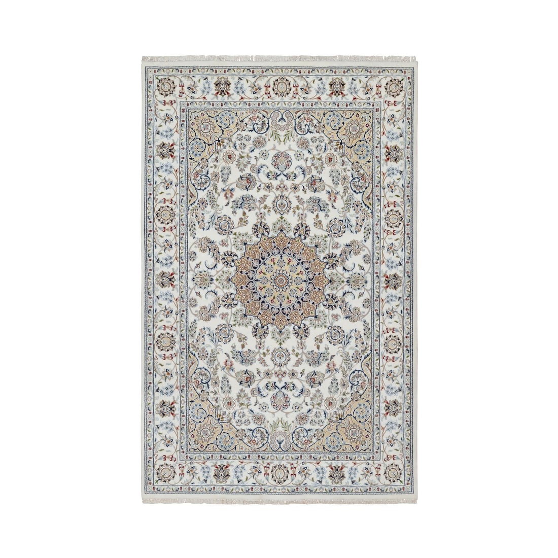 Snow White Nain with Flower Medallion Design 250 KPSI Hand Knotted Rug: Title: Snow White Nain with Flower Medallion Design 250 KPSI Hand Knotted Rug Description:This is a truly genuine one-of-a-kind. It has been Knotted for months and months in the centuries-old weaving 